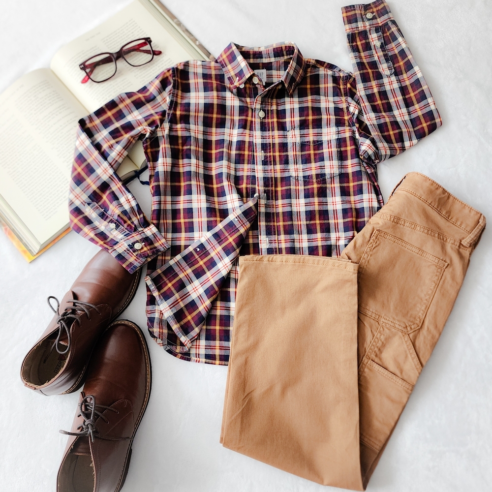 Gap Kids Boys Outfit Size 8: Plaid Button Down Shirt & Khaki Pants Set